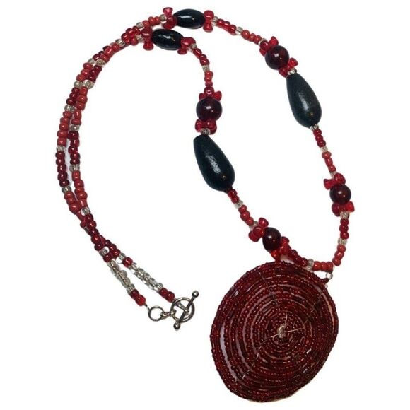 Vintage Hippie Bohemian Red Beaded Pendant Statement Necklace 24”Wood Artesian - Picture 14 of 16
